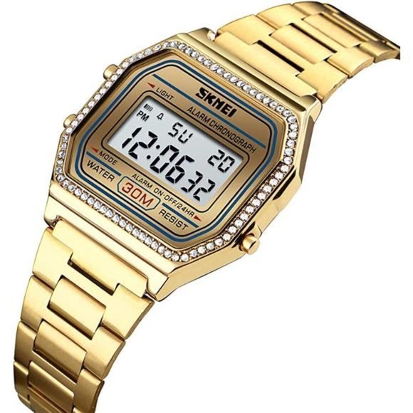DISEN Classic Diamond Gold Watches for Men, Stainless Steel  Men\'s Gold Diamond Luxury Digital Waterproof Watch